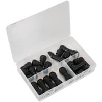 Black plastic coupling assortment in a clear compartmentalized box for John Guest Speedfit systems.