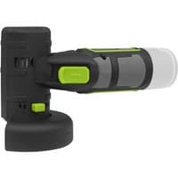Black and green Sealey cordless angle grinder with Ø85mm disc, compact design, and ergonomic grip handle.