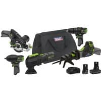 Sealey cordless combo kit with black and green tools, two batteries, and a black carrying bag.