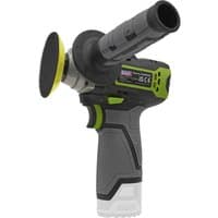 Gray and green Sealey cordless polisher with 75mm pad and ergonomic handle.
