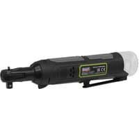 Black Sealey cordless ratchet wrench with 3/8in square drive, compact design, and ergonomic grip, body only.
