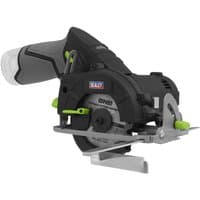 Black and gray Sealey cordless circular saw with green accents and Ø85mm blade, compact design, ergonomic handle.