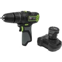 Black and green Sealey cordless combi drill with ergonomic grip, 10.8v battery, and compact charger.