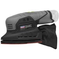 Grey and black Sealey cordless detail sander with ergonomic grip and dust bag attachment.