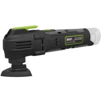 Black and green Sealey cordless multi-tool with ergonomic grip and oscillating head attachment.