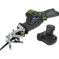 Black and green Sealey CP108VRS 10.8v cordless reciprocating saw with ergonomic grip and detachable battery.