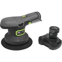 Gray Sealey cordless sander polisher with green accents, 150mm pad, and detachable battery pack.