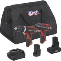 Black and red Sealey cordless drill and driver kit with two batteries, charger, and branded carrying bag.