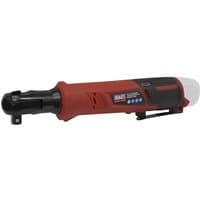 Red Sealey cordless ratchet wrench with black grip and LED indicators.