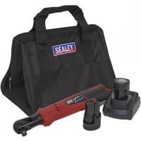 Sealey cordless ratchet wrench kit with red handle, two batteries, charger, and black carrying bag.