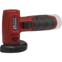 Red and black Sealey cordless mini angle grinder with ergonomic grip and 75mm disc.