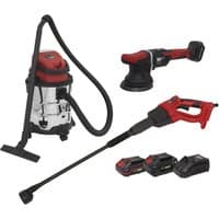 Sealey CP20V 20v cordless car valeting kit with red and black vacuum, polisher, pressure washer, and two batteries.