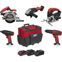 Red and black Sealey 20v cordless tool kit with drill, jigsaw, grinder, circular saw, batteries, and red carrying bag.