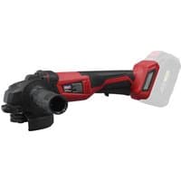 Red and black Sealey cordless angle grinder with ergonomic handle and 115mm disc, featuring a 20V battery slot.