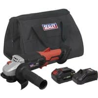 Sealey cordless angle grinder kit with red and black grinder, battery, charger, and black carrying bag.