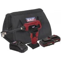 Sealey red cordless air pump kit with two 20V batteries, charger, and black carrying case.