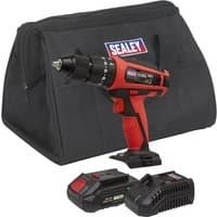 Red and black Sealey cordless combi drill with battery, charger, and black carrying bag.