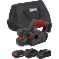 Sealey cordless planer with red accents, two 20V batteries, charger, and black carrying bag.