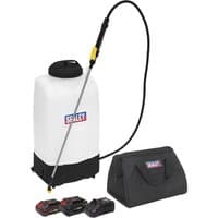 Sealey cordless garden backpack sprayer, white 15L tank, black base, hose, two 20V batteries, and a black carrying bag.