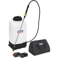 Sealey cordless garden backpack sprayer, white 15L tank, black base, long hose, with battery, charger, and black carry bag.