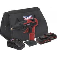 Sealey cordless glue gun in black and red with two 20V batteries, charger, and branded carrying bag.