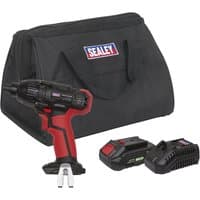 Red and black Sealey 20v cordless impact driver with battery, charger, and branded carrying bag.