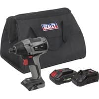 Sealey 20v cordless impact driver, black and gray, with red accents, includes battery, charger, and black carrying bag.