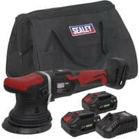 Sealey cordless orbital polisher with red and black grip, two 20V batteries, charger, and black carrying bag.
