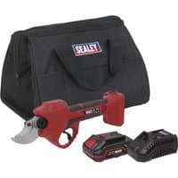 Red and black Sealey cordless pruning shears with 20V battery, charger, and black carrying bag.
