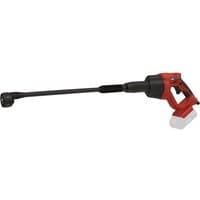 Red and black Sealey CP20VPW 20v cordless pressure washer with long nozzle and detachable water container.