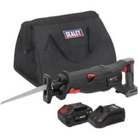 Black Sealey brushless reciprocating saw with red accents, 20V battery, charger, and black carrying bag.