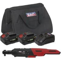 Sealey cordless ratchet wrench kit with red and black wrench, two batteries, charger, and black carrying bag.