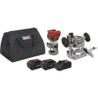 Sealey cordless trimming router kit with silver body, red accents, two batteries, charger, and black carrying bag.