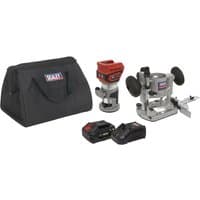 Sealey cordless trimming router kit with red and silver router, black battery, charger, and black carrying bag.
