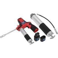 "Red and black Sealey CPG8V 8v cordless grease gun with silver barrel, flexible hose, and two battery packs"
