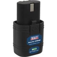 Black Sealey 8V cordless Li-ion battery with blue label, rectangular shape, and metal connector on top.
