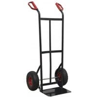 Sealey heavy-duty sack truck with black frame, red handles, and large PU tyres, 250kg capacity.