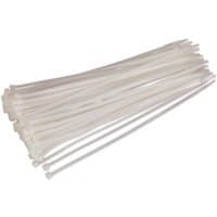 White Sealey cable ties, 300mm x 4.8mm, pack of 100, with smooth surface and locking mechanism at one end.