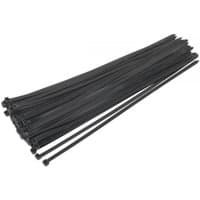 Black Sealey cable ties, 650mm long, 12mm wide, pack of 50, with locking mechanism at one end.
