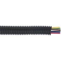 Black Sealey convoluted cable sleeving, split design, 12-16mm diameter, 100m length, with visible colored wires inside.