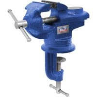 Blue Sealey CV50 Dovetail Hobby Vice with swivel base, steel handle, and clamping mechanism.