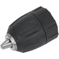 Black Sealey 10mm keyless drill chuck with textured grip and silver metal tip.