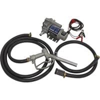 Sealey portable diesel/fluid transfer pump with black hoses, metal nozzle, and red-black battery clamps.