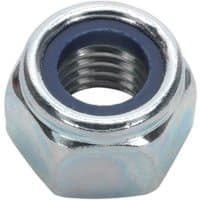 Zinc-plated nylon lock nut with hexagonal shape and blue nylon insert for secure fastening.