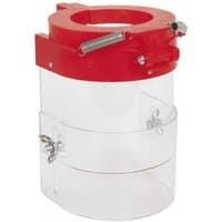 Red and clear Sealey drill press guard with spring mechanism and adjustable clamps, cylindrical design Ø60mm.