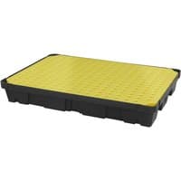 Black Sealey drum spill tray with yellow perforated platform, rectangular shape, sturdy design.