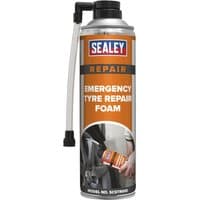 Sealey Emergency Tyre Repair Foam can with orange label, spray nozzle, and attached clear hose.