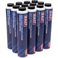 Blue Sealey EP2 lithium grease cartridges with red and white branding, black caps, and capacity details.