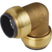 Brass Sealey equal elbow fitting for SharkBite Speedfit systems with push-fit connectors and smooth finish.