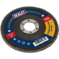 Sealey flap disc with aluminum oxide, 115mm diameter, 22mm bore, 120 grit, blue and red label with Sealey logo.